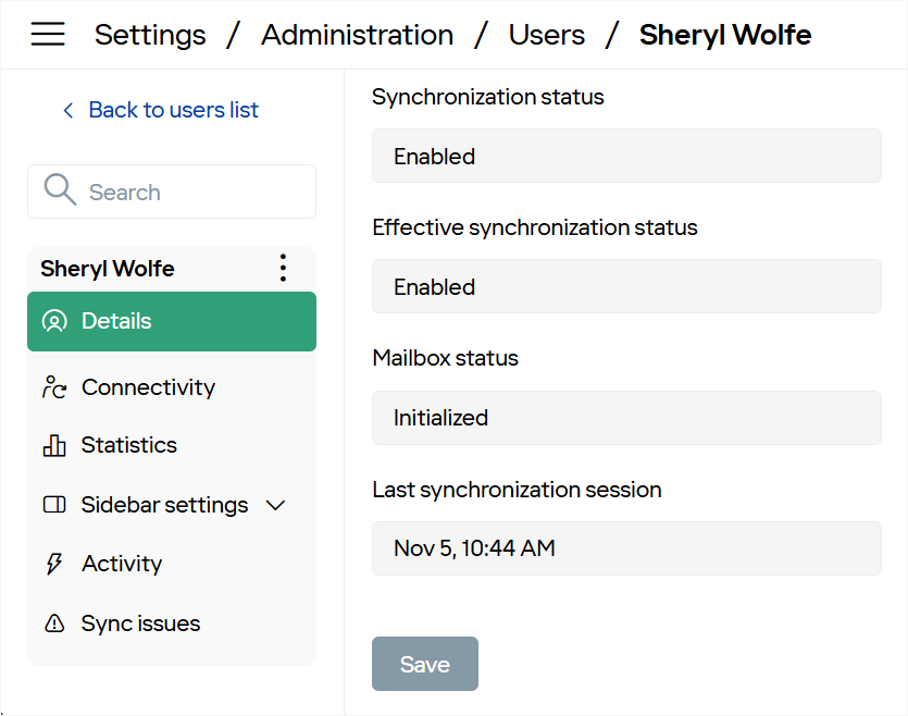 Sync status, Effective sync status, Mailbox status, and Last sync session fields on the user Details page